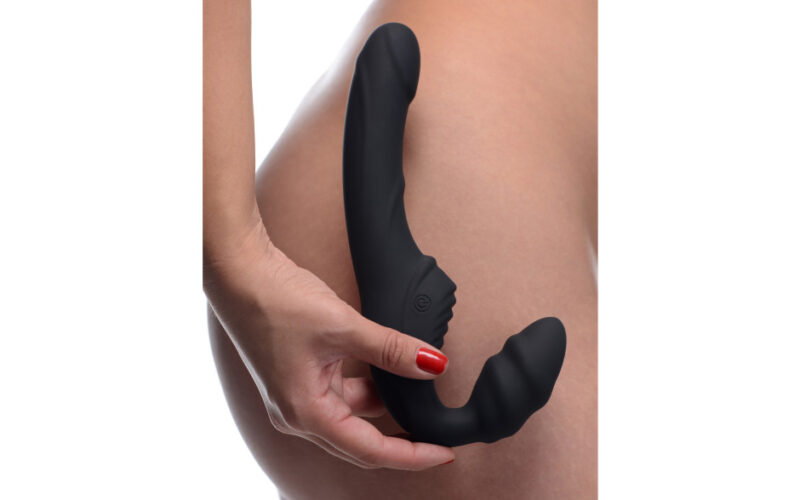 Slim Rider Ribbed Vibrating Silicone Strapless Strap On