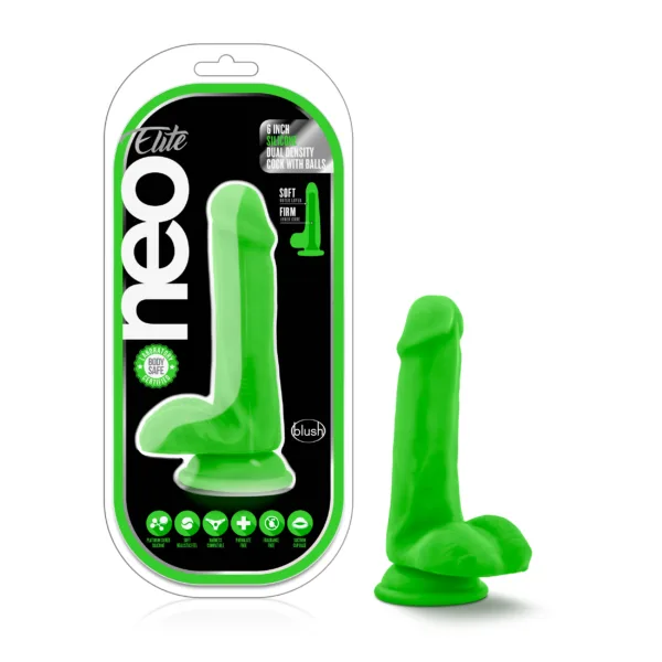 Neo Elite 6in Silicone Dual Density Cock with Balls Neon Green - Non Vibrating